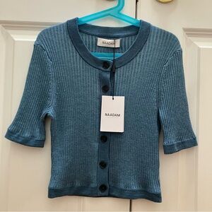 NWT Naadam Merino Silk Short Sleeved Cardigan Ribbed Cropped Garment Dye Blue XS